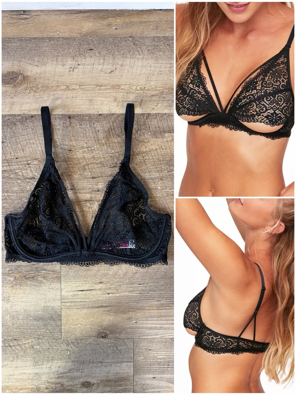 Adore 34DD Black Lace Strappy Jenni Unlined Open Bottom Cup Plunge Bra
